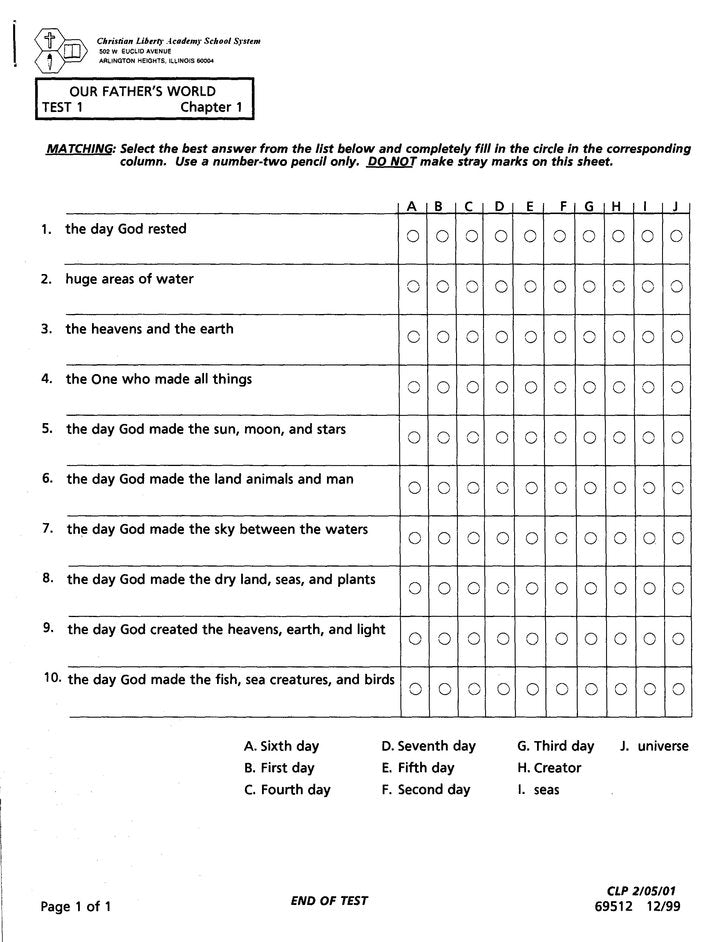 Our Father's World Test Packet